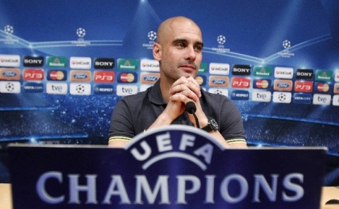 Barcelona's coach Pep Guardiola attends a news conference during a training session at Camp Nou stadium in Barcelona, April 23, 2012. Barcelona will play against Chelsea in their Champions League soccer semi-final second leg match on Tuesday.