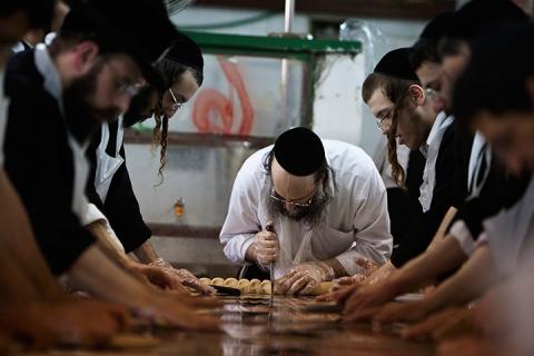 Những đàn ông Do Thái chính thông đang chuẩn bị món matza để ăn trong lễ Vượt Qua ở Bnei Brak, Israel