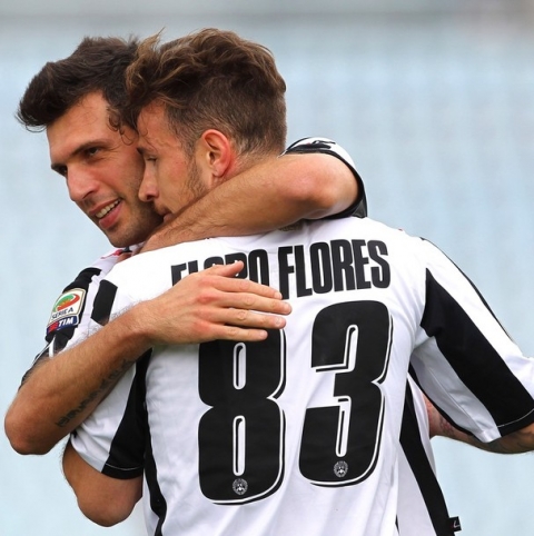 UDINE, ITALY - MAY 06:  Antonio Floro Flores (R) of Udinese Calcio celebrates with team-mate Maurizio Domizzi after scoring a goal during the Serie A match between Udinese Calcio and Genoa CFC at Stadio Friuli on May 6, 2012 in Udine, Italy.