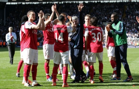 WEST BROMWICH, ENGLAND - MAY 13:  Pat Rice of Arsenal is congratutaled by the team after the Barclays Premier League match between West Bromwich Albion and Arsenal at The Hawthorns on May 13, 2012 in West Bromwich, England.