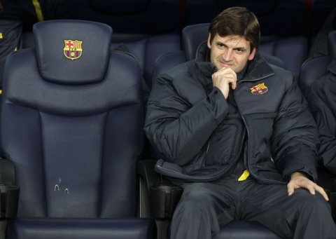 Barcelona's assistant coach Tito Vilanova sits on the bench before their Spanish First division soccer match at Camp Nou stadium against Espanyol in Barcelona. at Camp Nou stadium in Barcelona May 5, 2012. Pep Guardiola will leave the Spanish soccer giants at the end of this season and will be replaced by Vilanova.