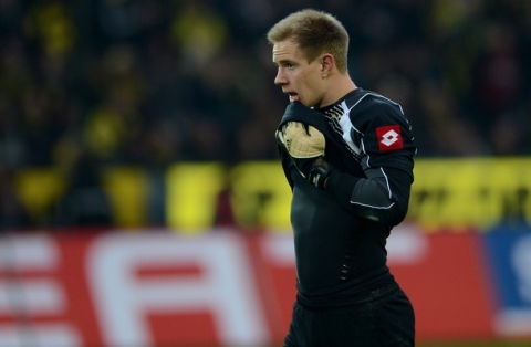 Moenchengladbach's goalkeeper Marc-Andre ter Stegen reacts during the German first division Bundesliga football match Borussia Dortmund vs Borussia Moenchengladbach in Dortmund, western Germany, on April 21, 2012. While winning 2-0 Dortmund was confirmed as German league champions.