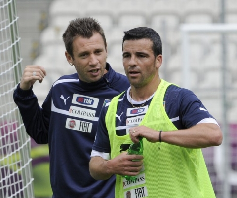 KRAKOW, POLAND - JUNE 15:  (L-R) Antonio Cassano and Antonio Di Natale of Italy look on during a training sessioni at Marshal Józef Pilsudski Stadium on June 15, 2012 in Krakow, Poland.