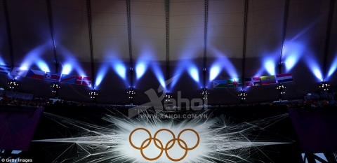 The Olympic rings were on display above the well lit arena 