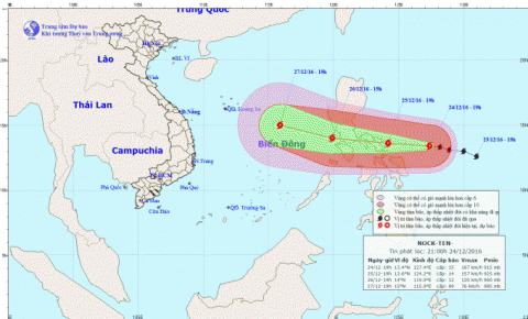 Dự báo hướng đi của cơn bão Nock-ten. Ảnh: nchmf.gov.vn