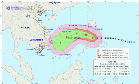 Dự báo hướng đi của cơn bão Nock-ten. Ảnh: nchmf.gov.vn