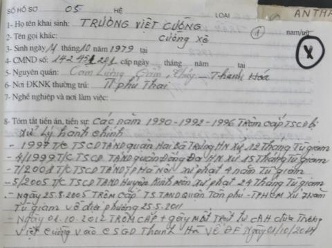 Lý lịch bất hảo của đối tượng Trương Việt Cường. Ảnh: Đ.Tuỳ