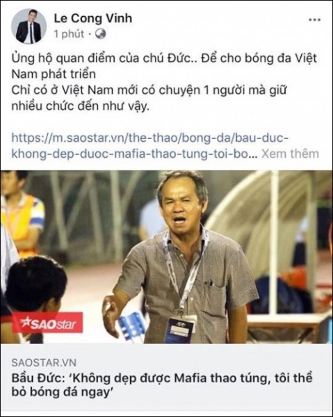 Công Vinh ủng hộ bầu Đức ‘dẹp Mafia thao túng bóng đá Việt Nam’