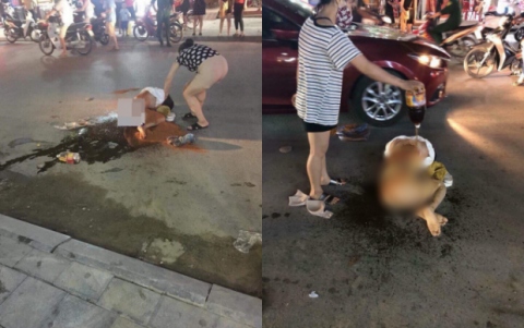 Hình ảnh người phụ nữ bị đánh, lột đồ đổ mắm và muối ớt lên người.