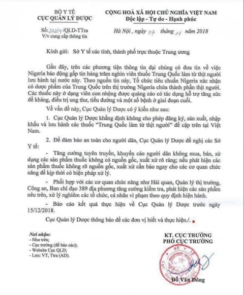 Văn bản của Bộ Y tế gửi các sở y tế tỉnh thành về nội không cấp phép “thuốc từ thịt người” xuất xứ Trung Quốc.