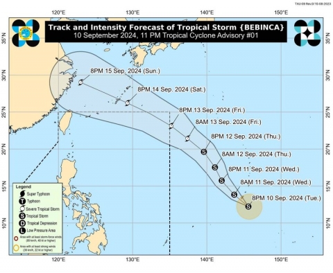 Dự báo đường đi của bão Bebinca đến ngày 15.9.2024. Ảnh: PAGASA