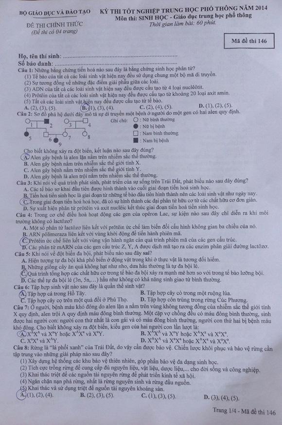 Gợi ý giải đề thi tốt nghiệp THPT môn Sinh học 2014 (ĐÃ CÓ ĐỀ CHÍNH THỨC) de thi mon sinh hoc tot nghiep THPT, de thi sinh hoc tot nghiep 2014, dap an mon sinh tot nghiep THPT, dap an mon sinh hoc, thi tot nghiep THPT, tot nghiep THPT 2014