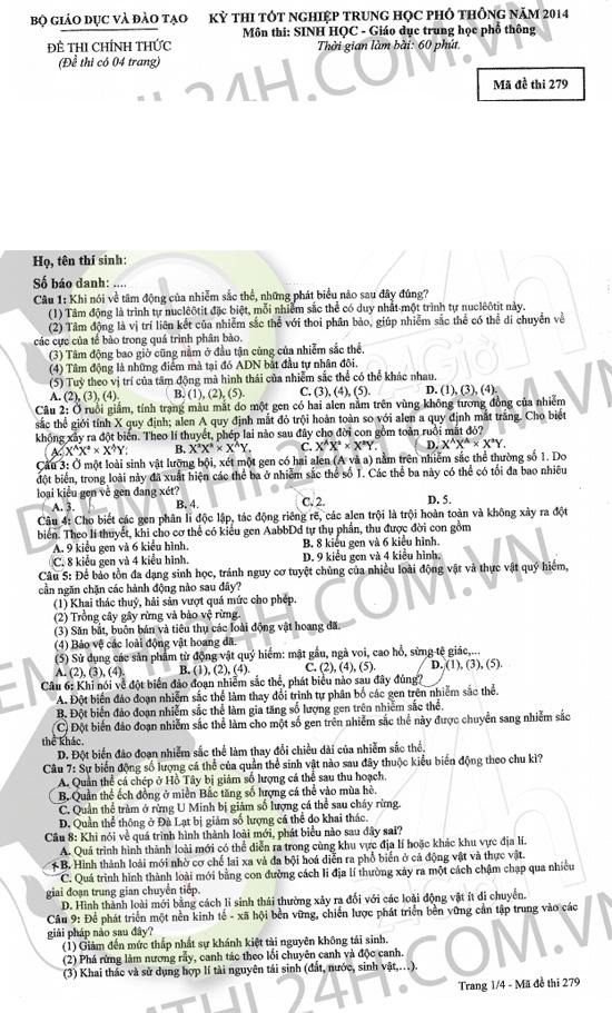 Gợi ý giải đề thi tốt nghiệp THPT môn Sinh học 2014 (ĐÃ CÓ ĐỀ CHÍNH THỨC) de thi mon sinh hoc tot nghiep THPT, de thi sinh hoc tot nghiep 2014, dap an mon sinh tot nghiep THPT, dap an mon sinh hoc, thi tot nghiep THPT, tot nghiep THPT 2014