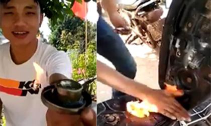 Clip nam thanh niên dùng bật lửa đốt bình xăng dung bat lua dot binh xang, dot xang, dot binh xang, đốt bình xăng, dot xang