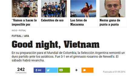 Báo thể thao hàng đầu Argentina ca ngợi ĐT futsal Việt Nam