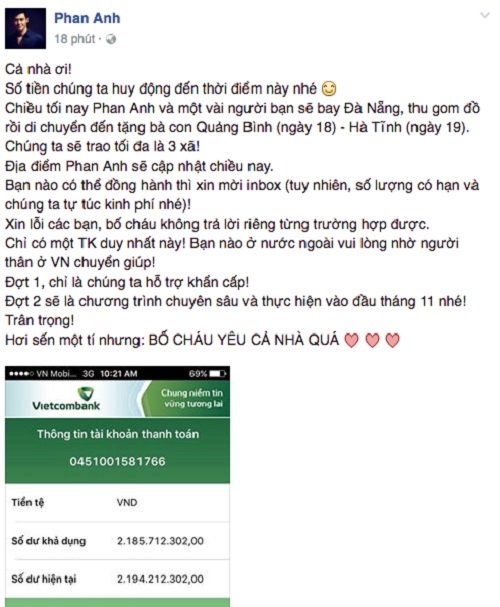 MC Phan Anh, Phan Anh ủng hộ miền Trung, Phan Anh