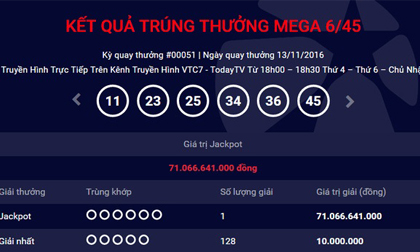Lại có người thứ 3 trúng độc đắc xổ số kiểu Mỹ, lần này là 71 tỷ đồng!