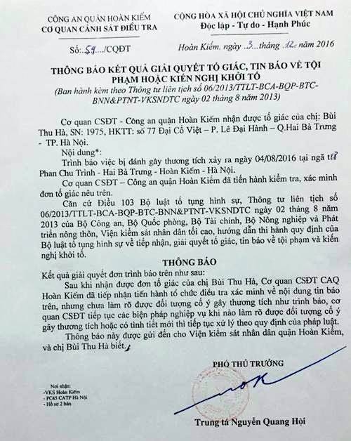 Cơ quan Cảnh sát điều tra - Công an quận Hoàn Kiếm thông báo tiếp tục các biện pháp nghiệp vụ để làm rõ đối tượng hành hung chị Hà.