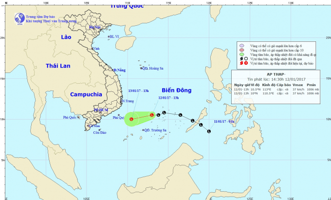 Dự báo hướng đi của áp thấp trên biển. Ảnh: nchmf.gov.vn