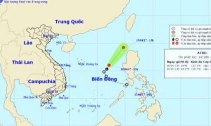 Áp thấp suy yếu, di chuyển hướng Bắc Đông Bắc trên biển Đông