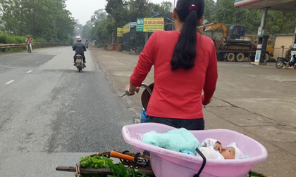 Xúc động hình ảnh mẹ bán rau, bỏ con trong thau đạp xe đi muôn nơi…