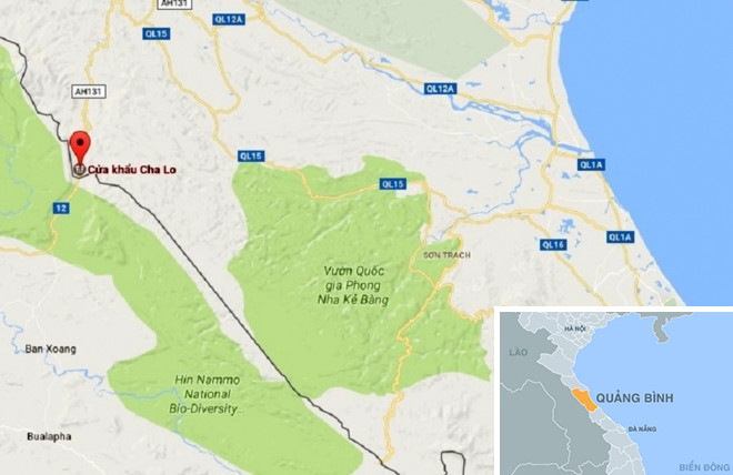 Cửa khẩu quốc tế Cha Lo (chấm đỏ), nơi 2 người Lào định tuồn ma túy sang Việt Nam. Ảnh: Google Maps - Thiên Sơn.