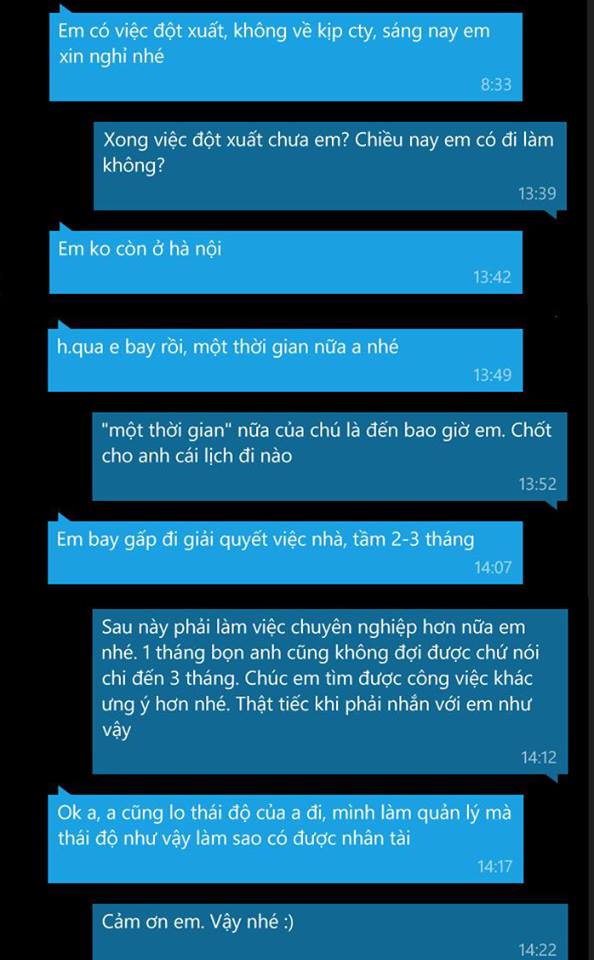 nhan vien ba dao: xin nghi lam vai thang khong duoc quay sang trach sep 