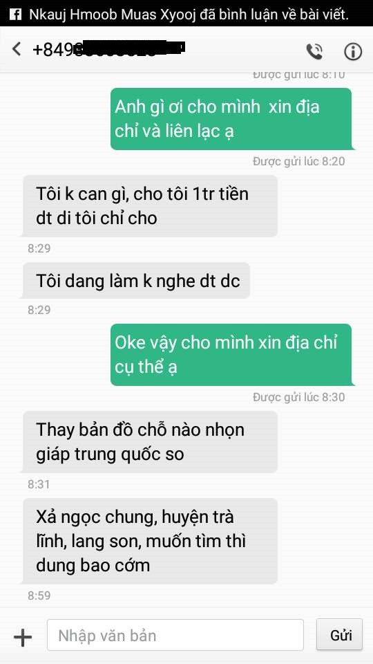 
Nội dung tin nhắn người lạ nhắn cho anh Thào A Phía (ảnh gia đình cung cấp)
