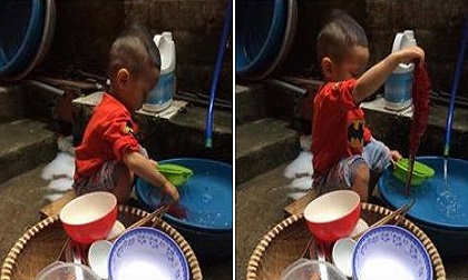 Thấy bố mẹ ăn xong không dọn, bé trai vừa rửa bát vừa nói câu khiến cả nhà 'đứng hình'