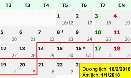Lịch nghỉ Tết Nguyên đán Mậu Tuất 2018 chính thức