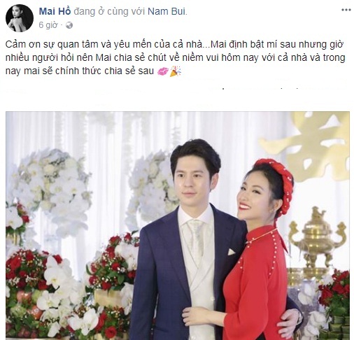 Mai Hồ gửi lời cảm ơn đến mọi người sau lễ đính hôn diễn ra ngày 26/2.