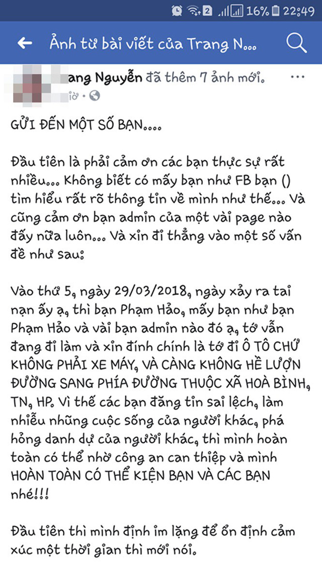 Tài khoản facebook Tr. Nguyễn phủ nhận mình là 1 trong hai nữ sinh.