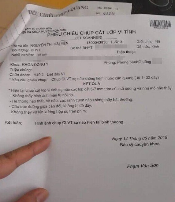 Kết quả chụp cắt lớp vi tính của cháu Y cho thấy sọ não hoàn toàn bình thường.