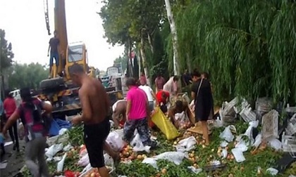 Xe tải chở 5 tấn đào bị lật trên đường, người dân đổ xô đến 'hôi của'