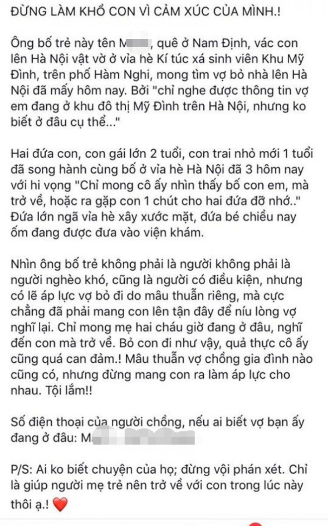 Hình ảnh chồng bế 2 con nhỏ lên Hà Nội, lang thang tìm vợ bỏ nhà ra đi gây xôn xao MXH