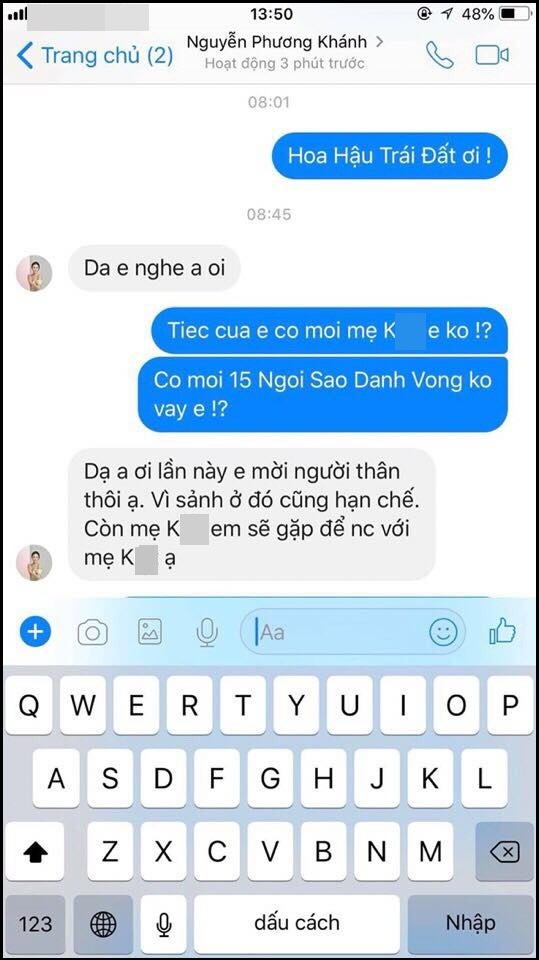 Phương Khánh nhắn tin với nhân vật tên P. về việc không mời người định hướng trong tiệc cảm ơn sau đăng quang. Ảnh: 2Sao.vn