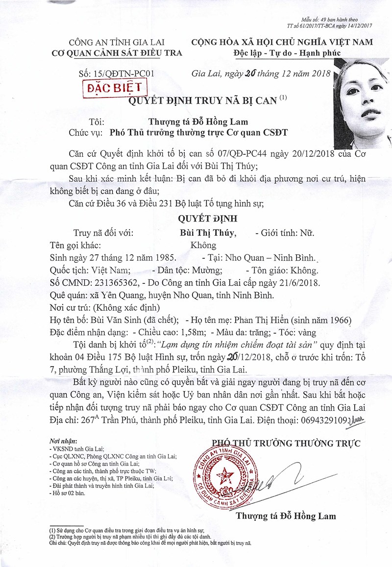 Truy nã một phụ nữ chiếm đoạt gần 11 tỉ đồng - ảnh 1