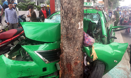 Phát hoảng với hình ảnh taxi vỡ nát đầu khi “đóng” vào gốc cây ở Sài Gòn
