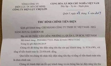 Xôn xao tờ thông báo đính chính hoá đơn tiền điện từ hơn 23 triệu lên 40,9 triệu đồng