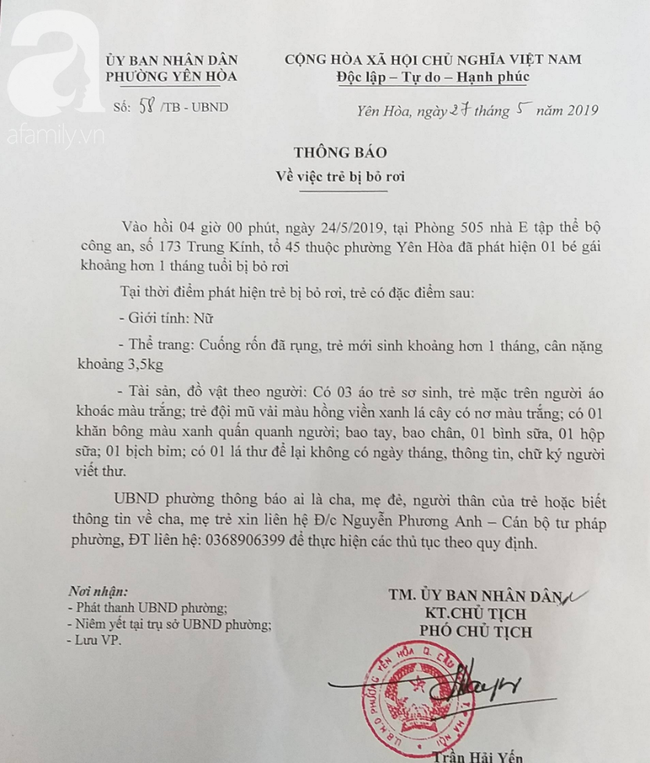 Hà Nội: Người mẹ trẻ đến nhận lại con gái 1 tháng tuổi sau 2 ngày bỏ rơi ở nhà tập thể