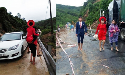 Đám cưới giữa mưa lũ, chú rể Quảng Trị cõng cô dâu về nhà