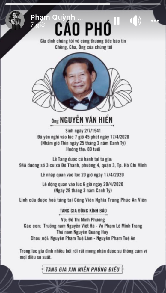 Cô cũng chia sẻ cáo phó để bạn bè, khán giả được biết rõ thông tin tang lễ.