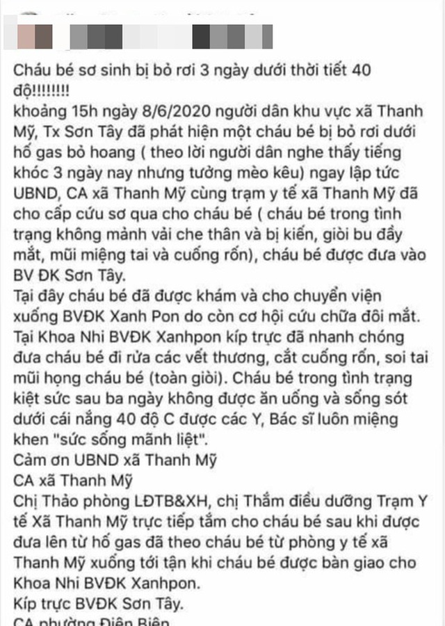 Thông tin về cháu bé sơ sinh bị bỏ rơi dưới hố ga trong 3 ngày được chia sẻ trên mạng xã hội.