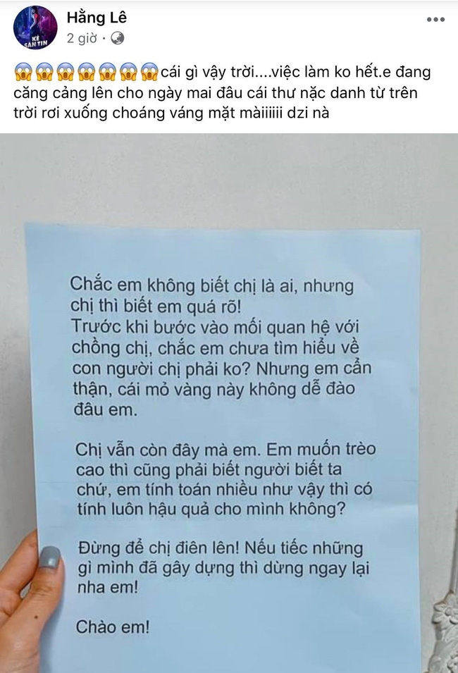 Sốc: Minh Hằng bị đe dọa bằng thư nặc danh, tố là kẻ giật chồng người khác