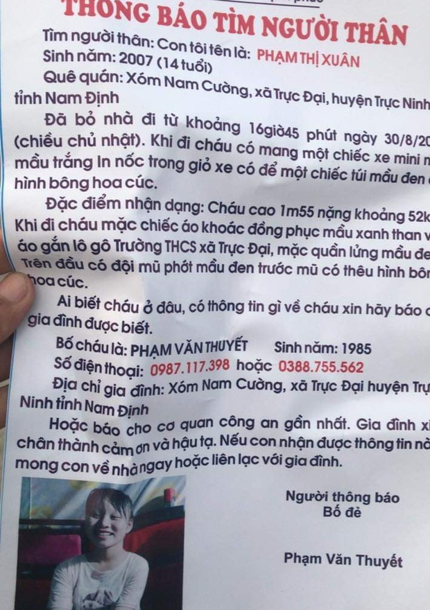 Nam Định: Bố cầu cứu cộng đồng mạng tìm kiếm con gái 14 tuổi mất tích bí ẩn