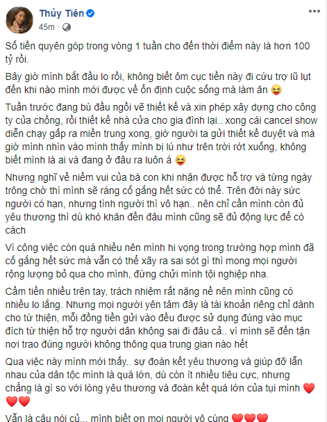 Thủy Tiên thông báo đã nhận được hơn 100 tỷ đồng tiền từ thiện vùng lũ, hy vọng mọi người đừng mắng chửi mình - Ảnh 2. Thủy Tiên thông báo đã nhận được hơn 100 tỷ đồng tiền từ thiện vùng lũ, hy vọng mọi người đừng mắng chửi mình - Ảnh 2.