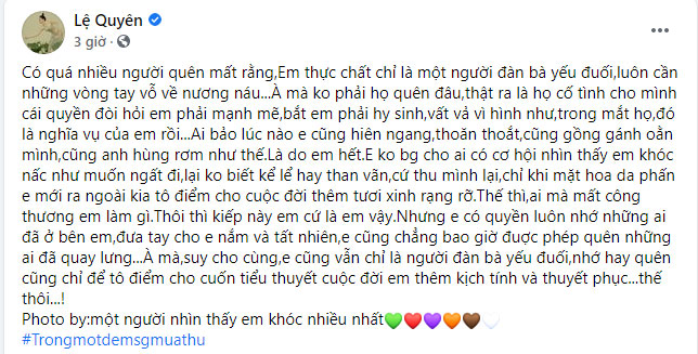 Hậu ly hôn, Lệ Quyên bất ngờ ám chỉ ai đó tự cho mình cái quyền đòi hỏi cô phải hy sinh vì đó là nghĩa vụ