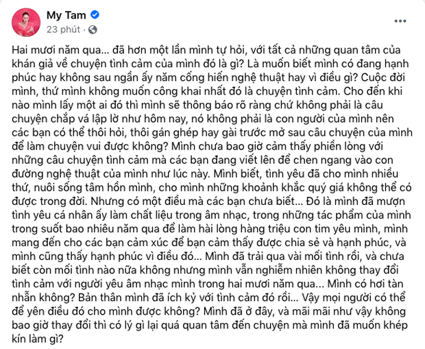 Mỹ Tâm chính thức lên tiếng bằng tâm thư dài: 'Khi nào lấy ai mình sẽ thông báo, không phải chuyện chắp vá lập lờ như hôm nay'