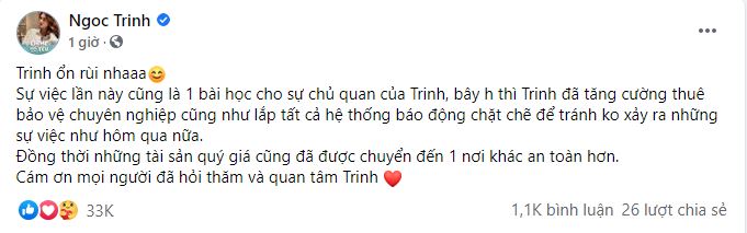 Ngọc Trinh chốt lại vụ trộm 15 tỷ: Thừa nhận chủ quan, tiết lộ tăng cường thêm bảo vệ và báo động sau sự cố đáng tiếc Ngọc Trinh chốt lại vụ trộm 15 tỷ: Thừa nhận chủ quan, tiết lộ tăng cường thêm bảo vệ và báo động sau sự cố đáng tiếc
