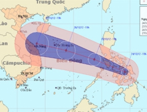 Hướng đi của bão Sơn Tinh (Ảnh: Trung tâm dự báo KTTV TƯ).